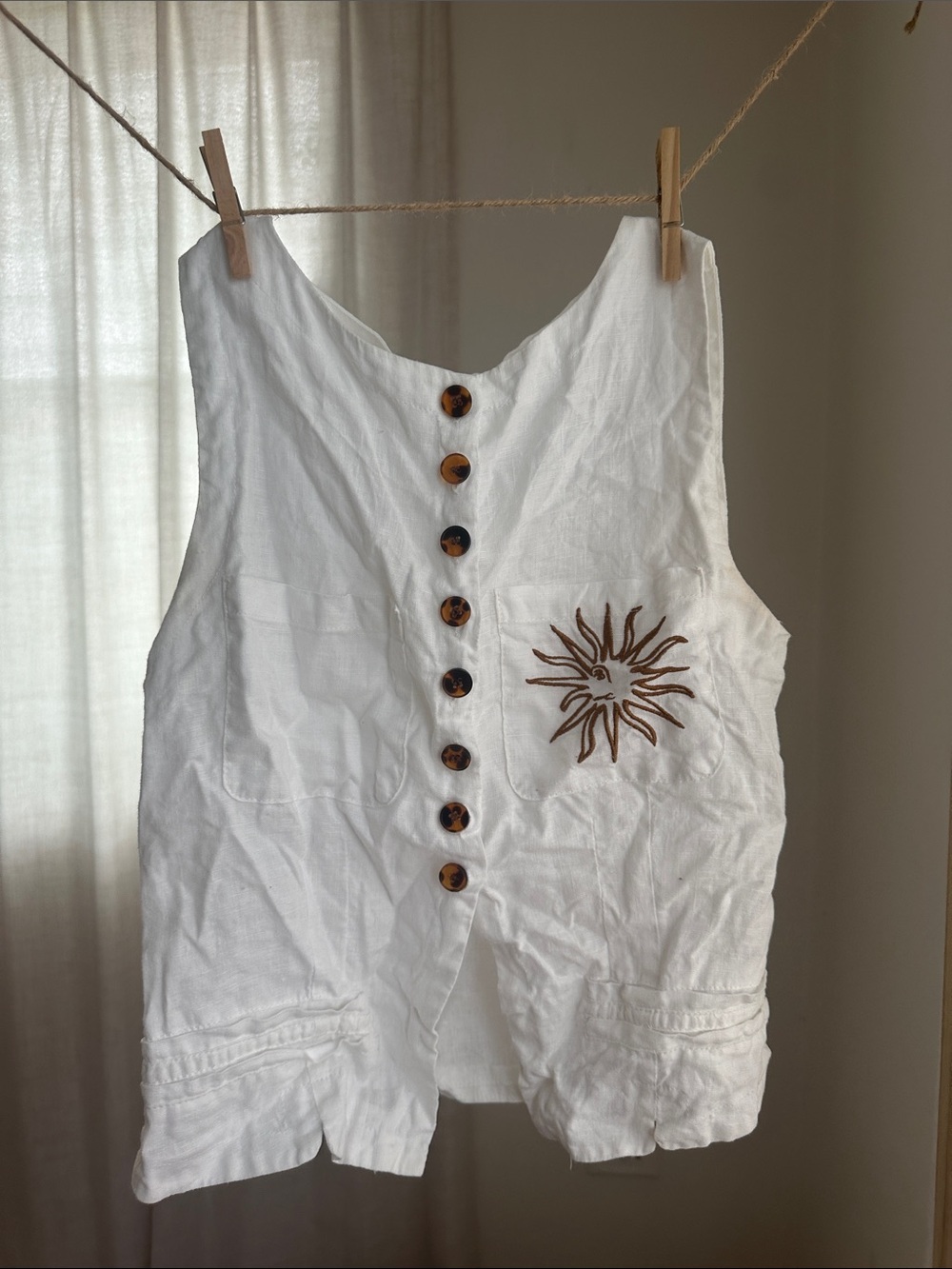 White Button-Front Linen Tank Top with Sun Embroidery